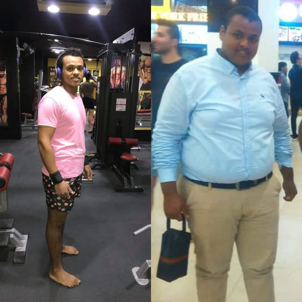 مقارنة صورة داخل الجيم وصورة بالملابس